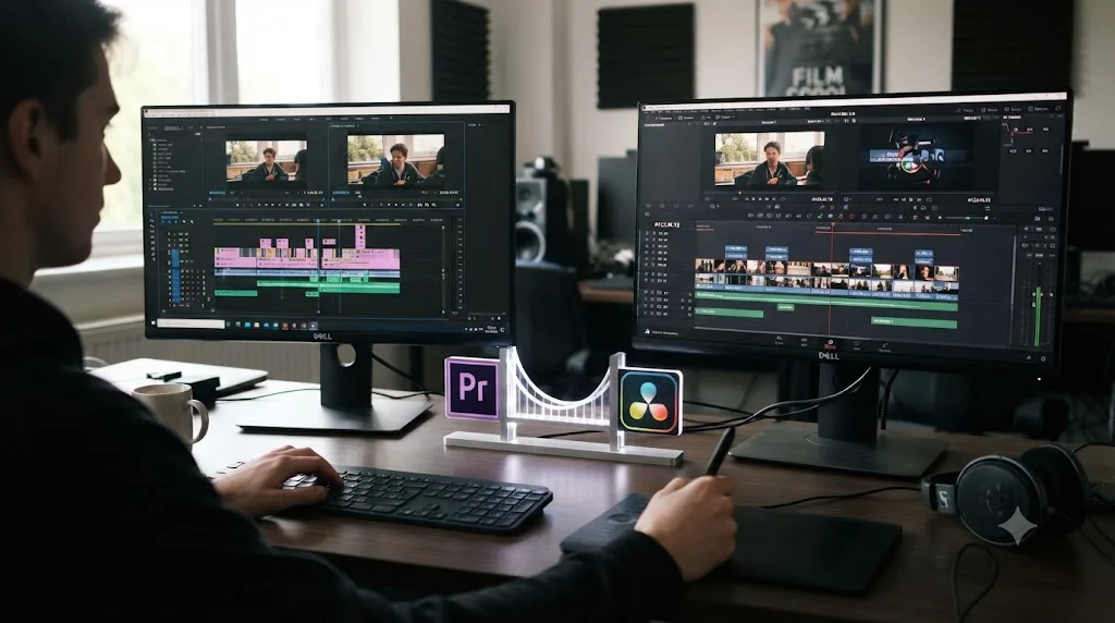 Illustration comparing a Premiere Pro editing timeline to a DaVinci Resolve timeline with a bridge connecting the two workflows