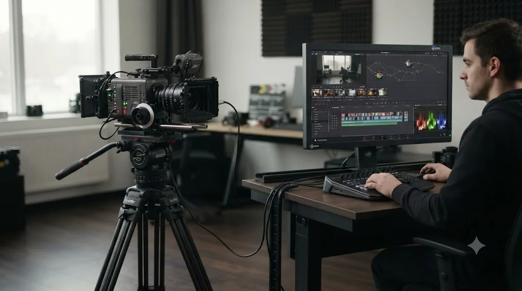 Illustration of a cinema camera feeding raw footage directly into a DaVinci Resolve timeline without an intermediate transcoding step