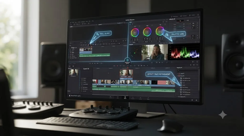 Illustration of an assistant overlay pointing at specific controls across a rough cut, a color grade, and a group thesis project in DaVinci Resolve