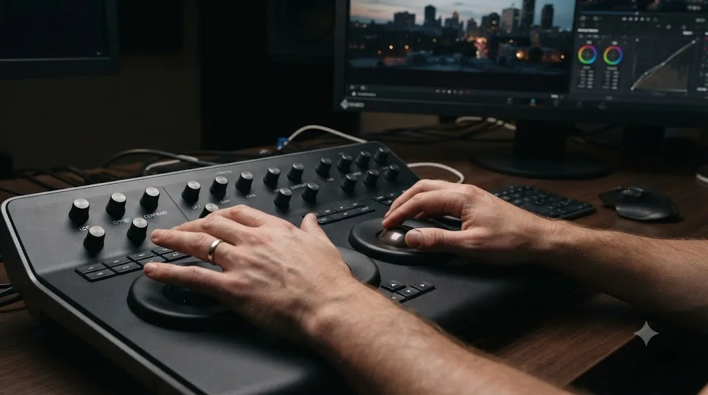Illustration of hands using a color grading control panel with trackballs and dials in a relaxed, spread grip