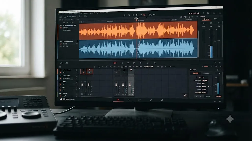 Illustration of the DaVinci Resolve Fairlight page showing a Ducker module applied to a game audio track beneath a mic waveform