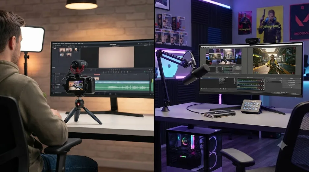 Illustration comparing a single-camera vlog setup against a gaming and streaming capture setup with OBS and a webcam