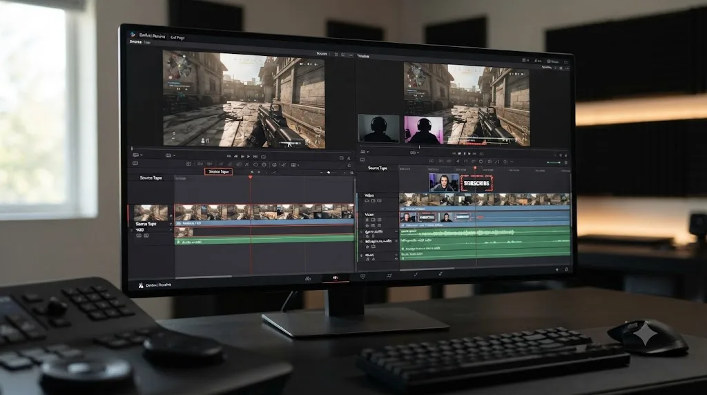 Illustration comparing the DaVinci Resolve Cut page reviewing a gaming VOD against the Edit page's layered multi-track timeline