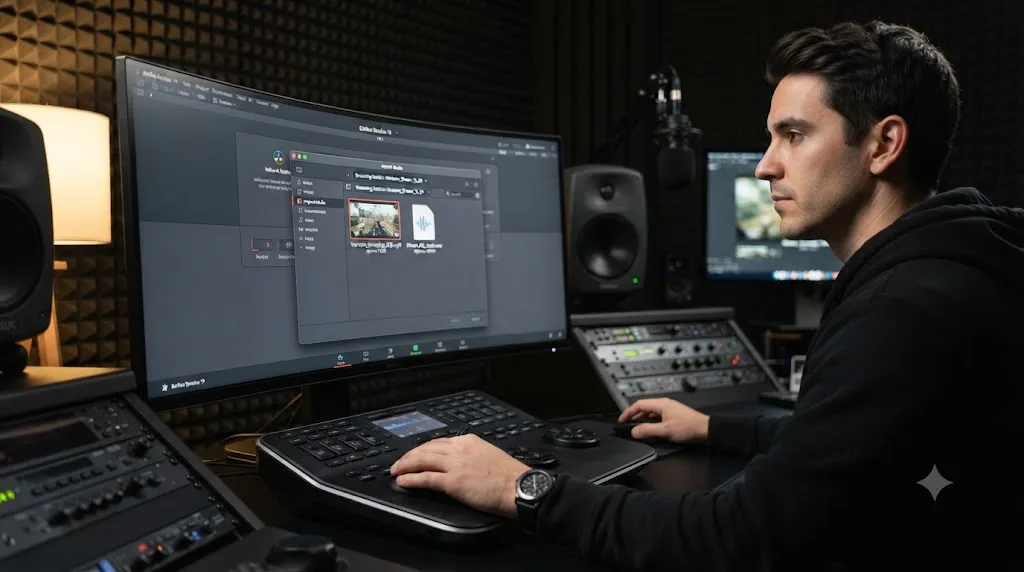 Illustration of a DaVinci Resolve project screen with a single streaming session being imported from a VOD and separate mic recording