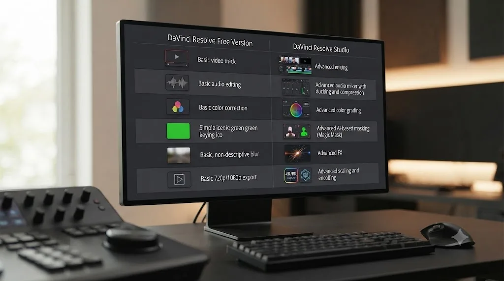 Illustration of a comparison chart showing DaVinci Resolve free version features against Studio-only features for gaming editing