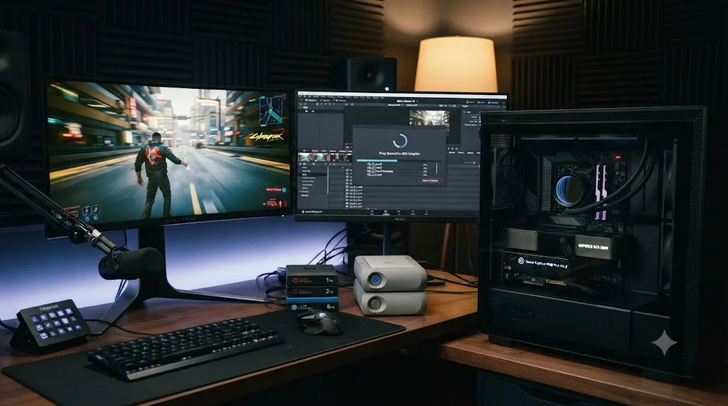 Illustration of a gaming PC with a capture card and a DaVinci Resolve proxy generation progress bar visible on a second monitor