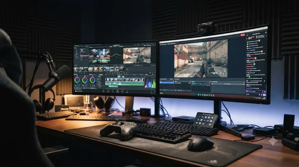 Illustration of a gaming and streaming creator's desk with a DaVinci Resolve timeline on one monitor and a stream overlay on the other