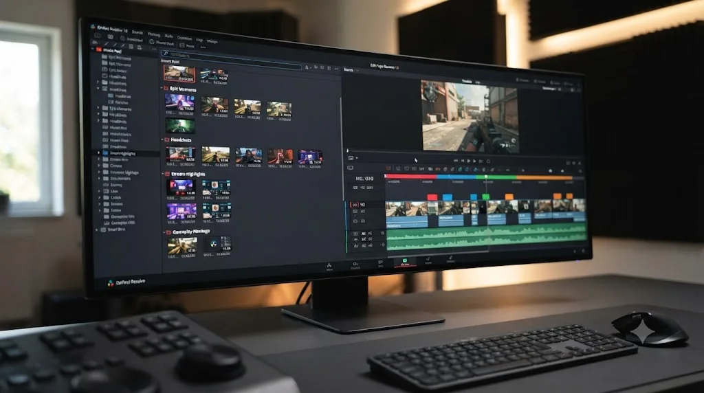 Illustration of a DaVinci Resolve Media Pool showing IntelliSearch results next to a timeline with color-coded highlight markers