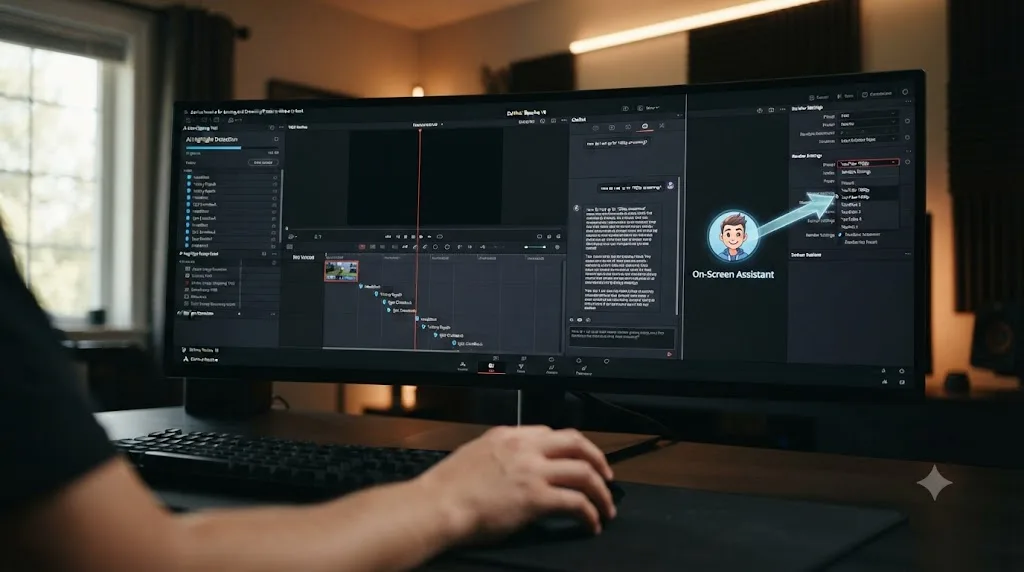 Illustration comparing an AI auto-clipping tool, a chatbot, and an on-screen assistant pointing at a control inside DaVinci Resolve