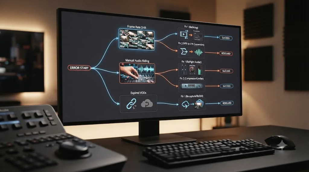 Illustration of a troubleshooting flowchart showing common gaming and streaming editing mistakes branching to their specific fixes
