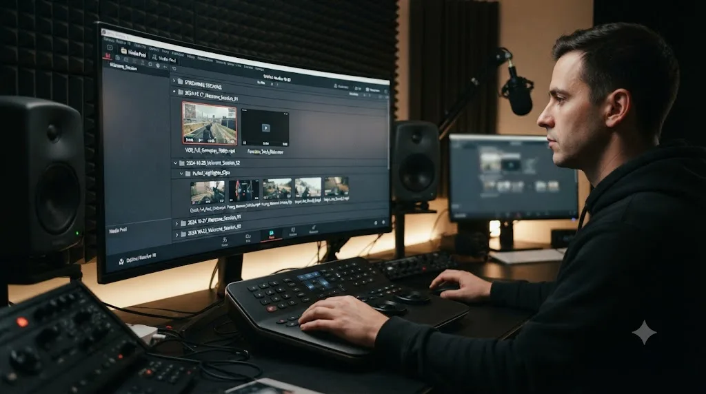 Illustration of an organized DaVinci Resolve Media Pool with bins labeled by streaming session and separated source clips