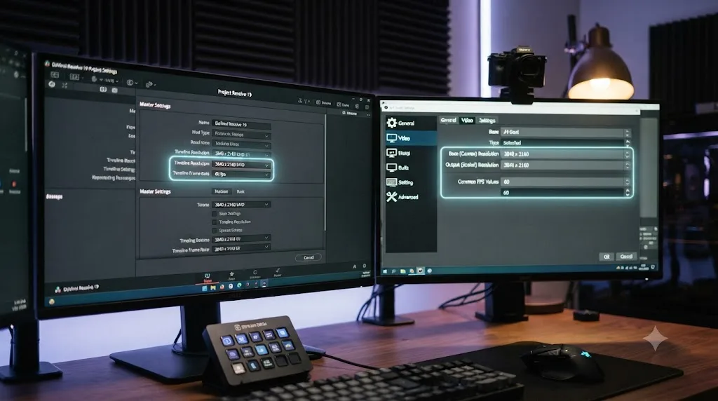 Illustration of the DaVinci Resolve Project Settings panel with frame rate fields highlighted next to matching OBS Studio settings