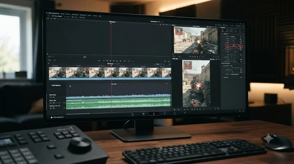 Illustration of a DaVinci Resolve timeline duplicated into a vertical format with a gameplay clip manually cropped to keep the HUD visible
