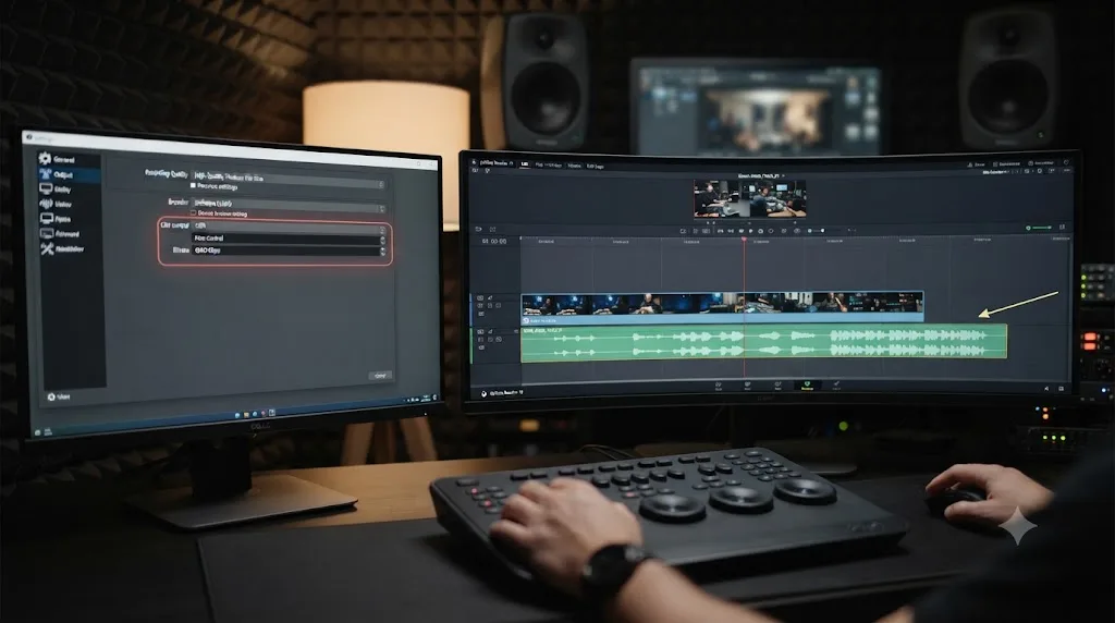 Illustration of an OBS Studio settings panel next to a DaVinci Resolve timeline showing audio drifting out of sync with video