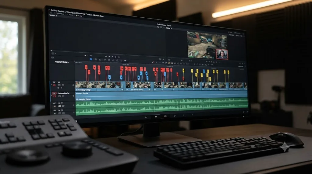 Illustration of a DaVinci Resolve timeline showing a long gameplay session with highlight markers and a facecam track layered above it