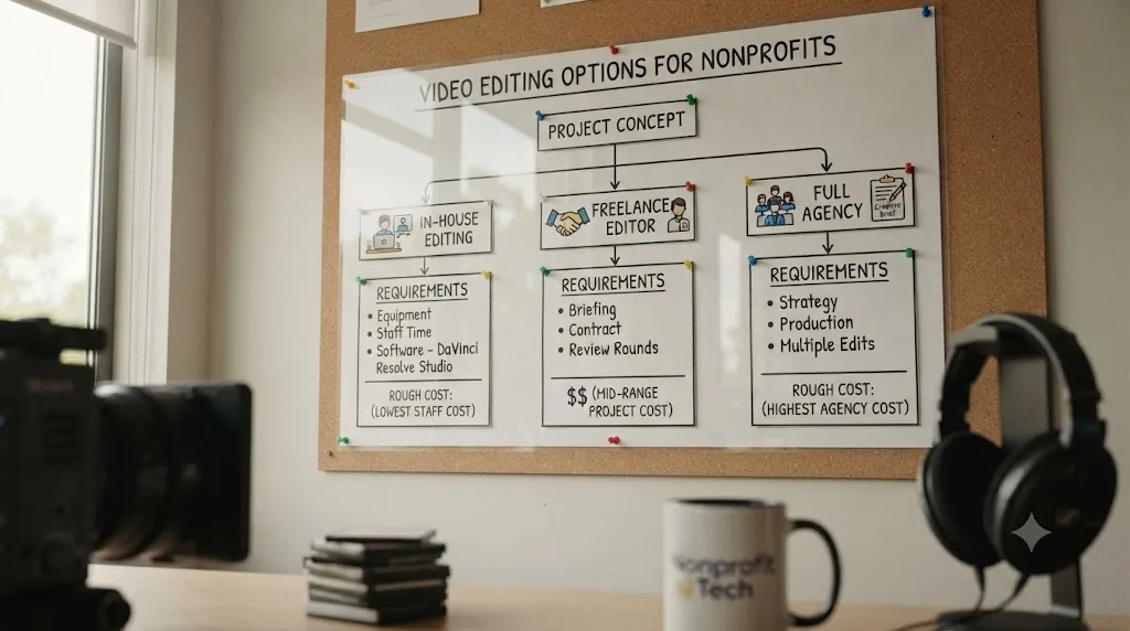 Illustration of a decision chart comparing in-house, freelance, and agency options for nonprofit fundraising video production