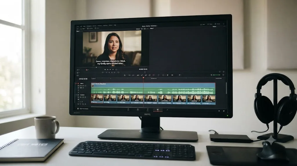 Illustration of a DaVinci Resolve subtitle track being added to a nonprofit fundraising video for accessibility