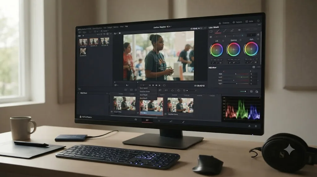 Illustration of DaVinci Resolve's Color page matching footage from three different volunteer cameras to a consistent grade