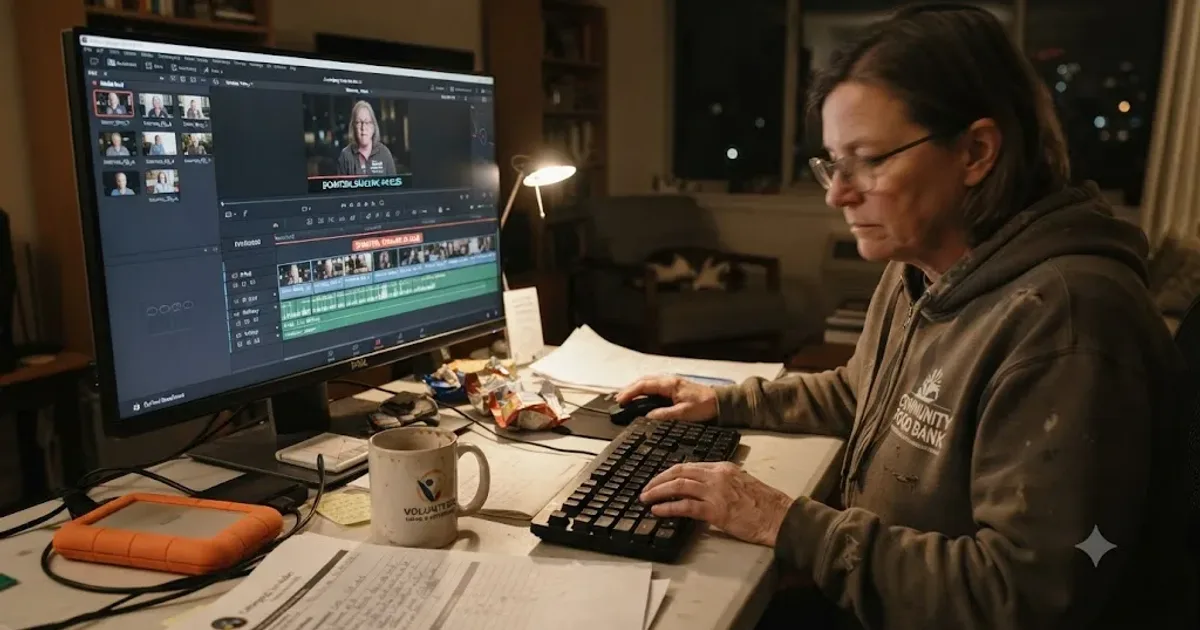 Illustration of a DaVinci Resolve timeline being edited for a nonprofit fundraising campaign, showing a donor story clip, a campaign logo watermark, and a donation call-to-action title card
