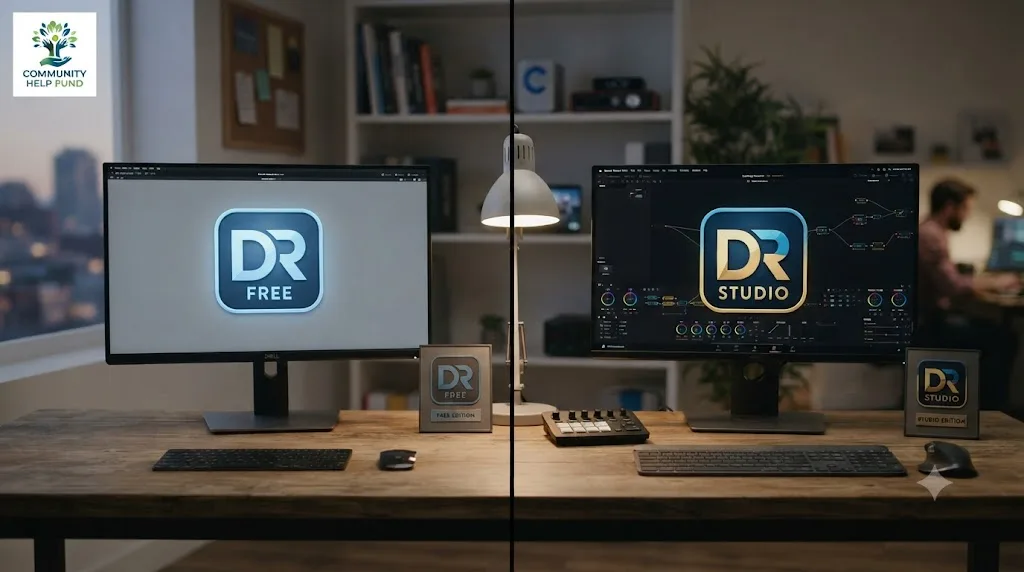 Illustration comparing DaVinci Resolve's free edition and Studio edition for nonprofit video editing use