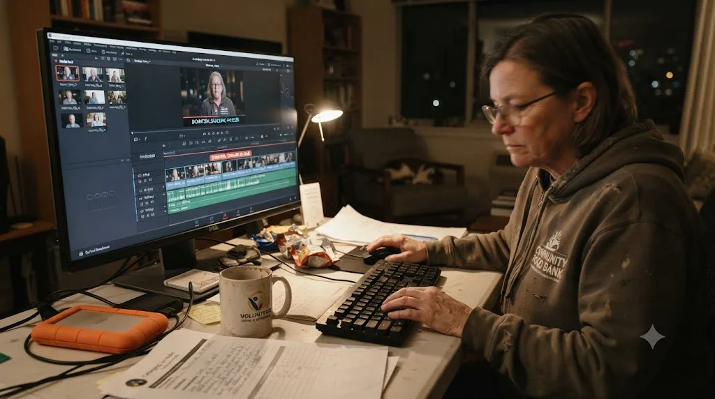 Illustration of a nonprofit volunteer editing a fundraising video in DaVinci Resolve late at night before a campaign deadline