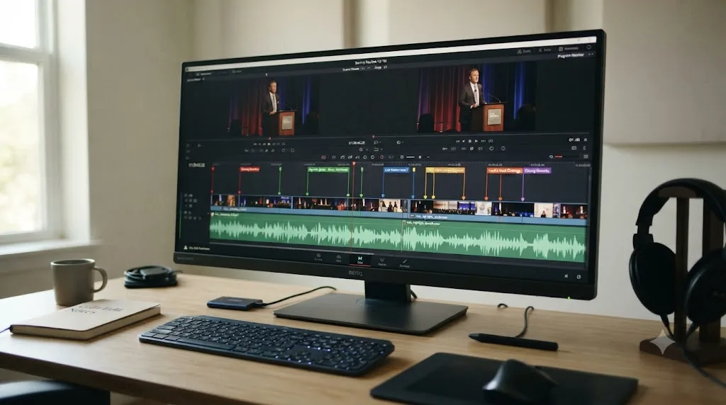 Illustration of a DaVinci Resolve timeline showing a nonprofit gala livestream recording marked up for highlight clip extraction