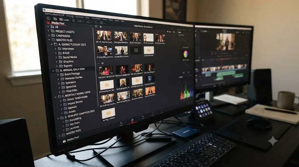 Illustration of an organized DaVinci Resolve Media Pool with bins sorted by nonprofit fundraising campaign