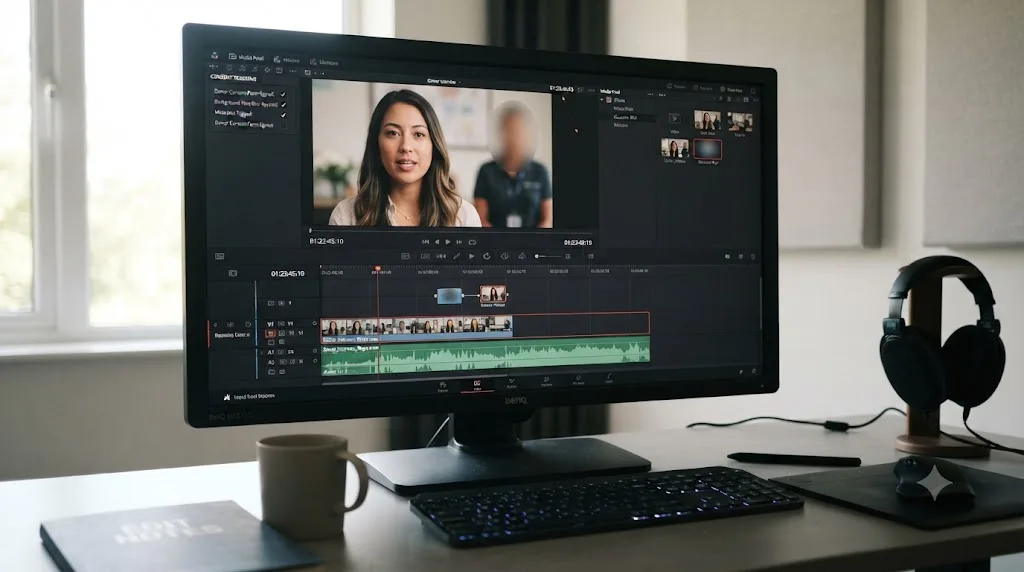 Illustration of a DaVinci Resolve project showing a privacy and consent checklist next to a blurred background face in a nonprofit interview clip