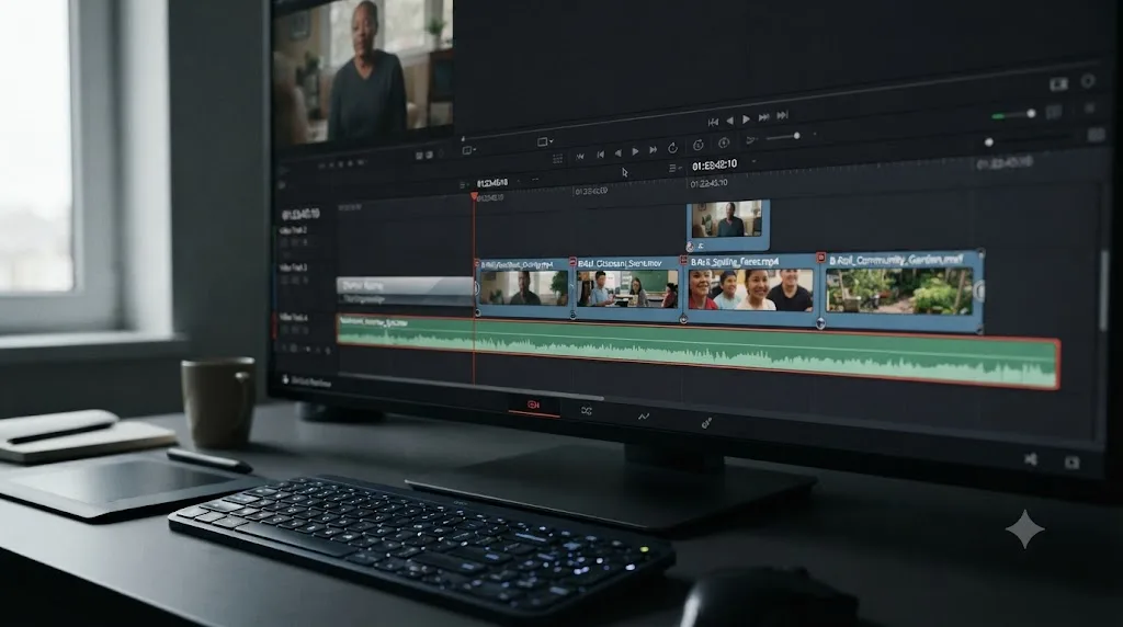 Illustration of a DaVinci Resolve timeline showing a donor testimonial edit with B-roll covering the cuts