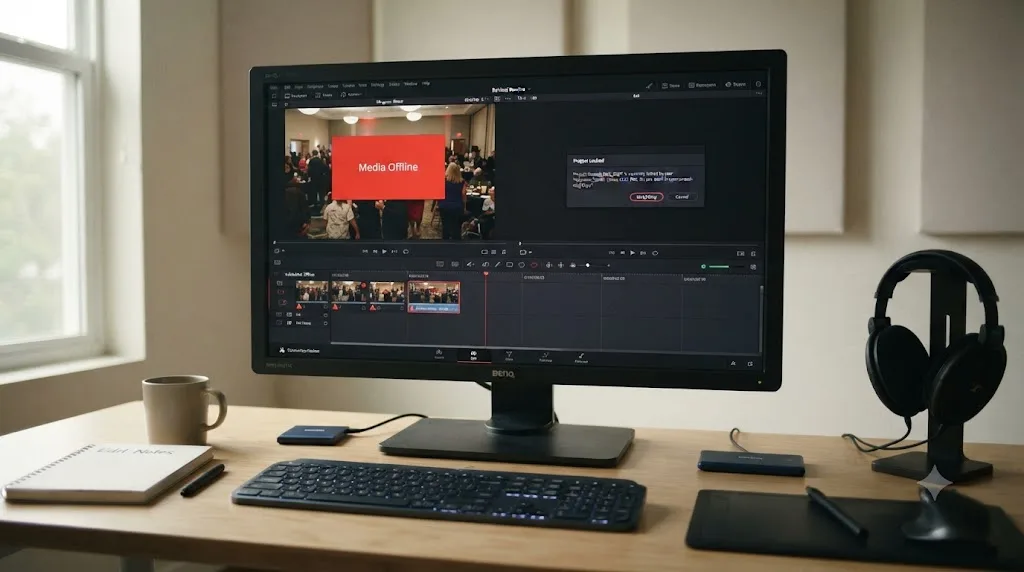 Illustration of DaVinci Resolve error messages, including a media offline warning and a project locked notification, common in nonprofit volunteer editing workflows