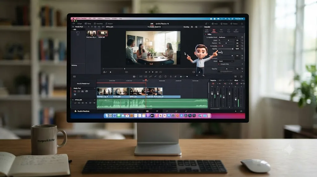 Illustration of an on-screen assistant pointing at a control inside DaVinci Resolve on a Mac