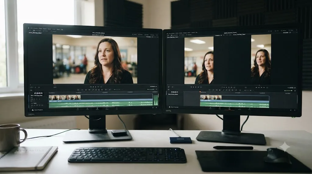 Illustration of a DaVinci Resolve project delivering both a horizontal and vertical version of a fundraising video