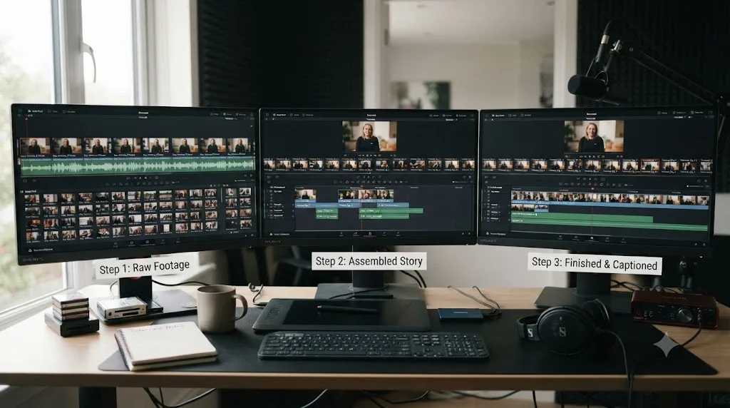 Illustration of a worked example showing raw nonprofit interview footage being cut down into a finished 90-second donor story in DaVinci Resolve