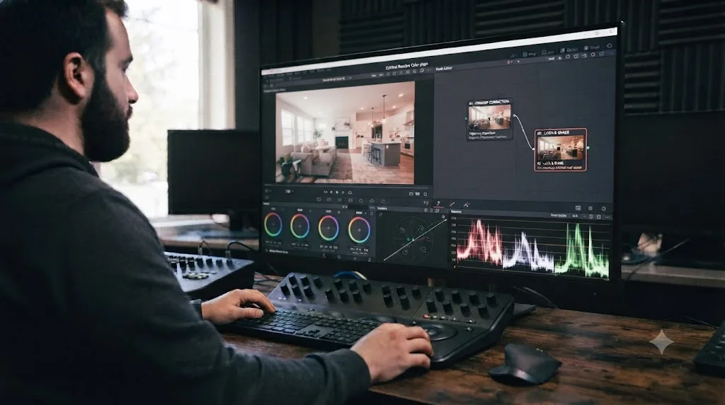 Illustration of the DaVinci Resolve Color page showing a two-node correction and look tree applied to real estate walkthrough footage