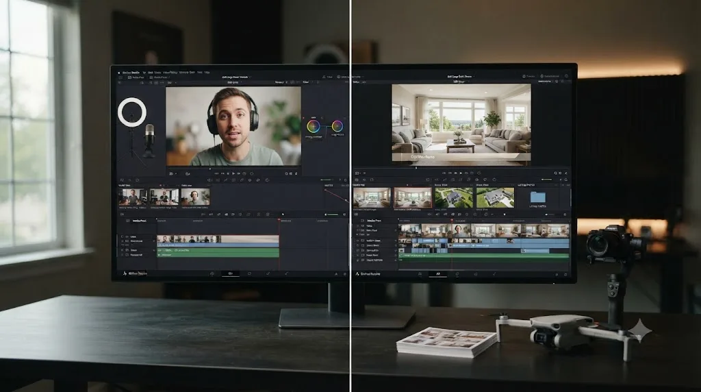 Illustration comparing a talking-head vlog setup against a real estate walkthrough setup with a gimbal, drone, and listing photos
