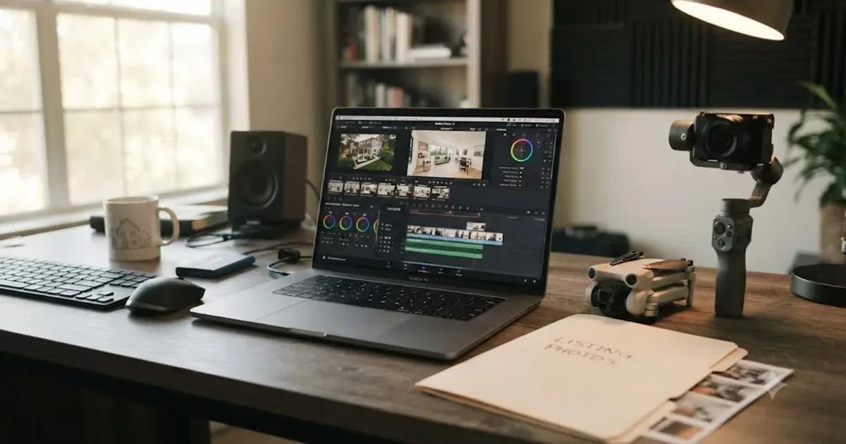 Illustration of a real estate video editor's desk with a laptop running DaVinci Resolve, a gimbal, and a drone next to a listing photo folder