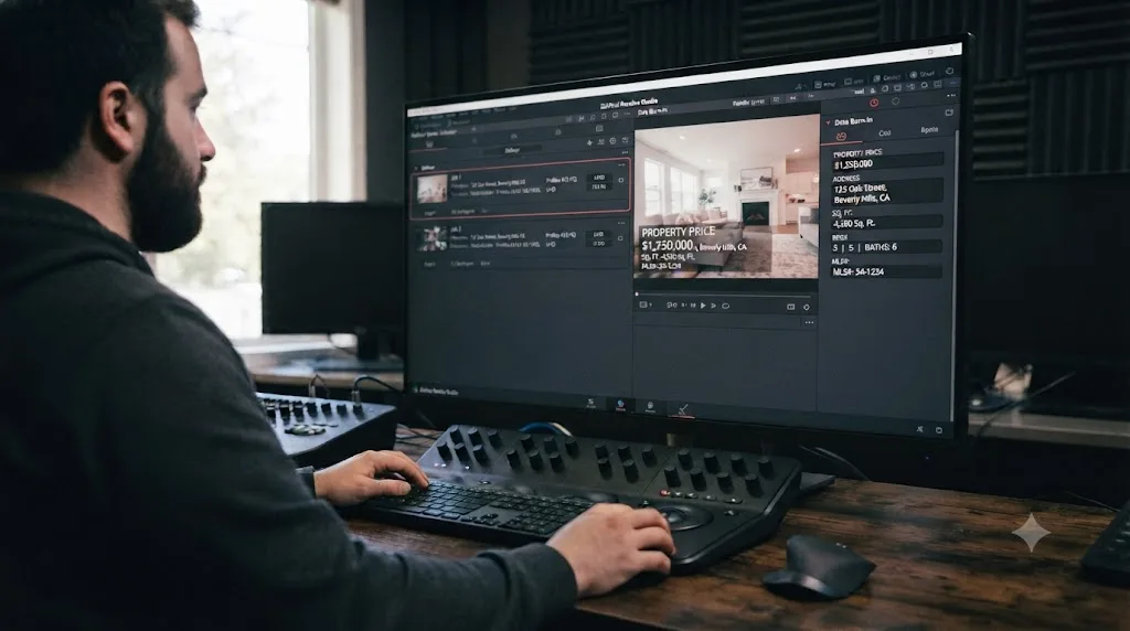 Illustration of the DaVinci Resolve Data Burn-in panel showing property info fields next to two render queue export jobs