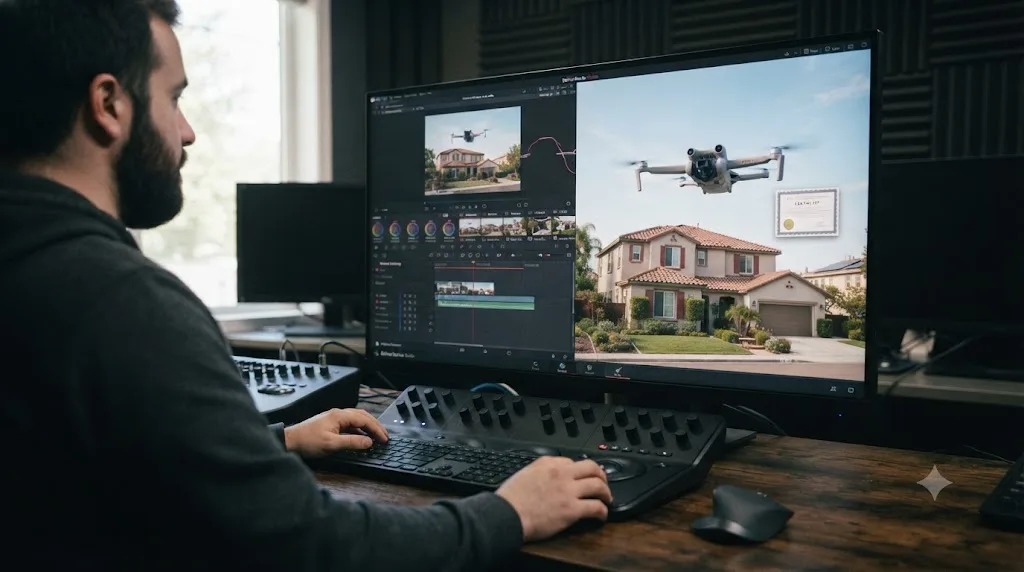 Illustration of a drone hovering over a house with a certification icon representing the FAA Part 107 requirement for commercial real estate footage