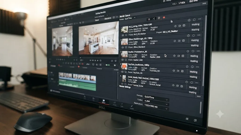 Illustration of a DaVinci Resolve Deliver page showing five render queue jobs for MLS, Zillow, Realtor.com, YouTube, and vertical social exports