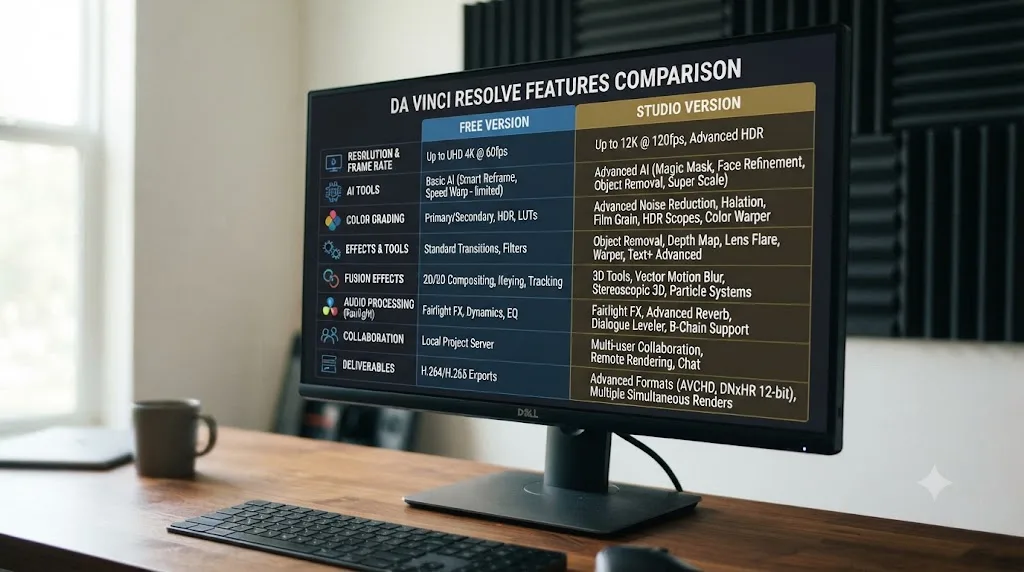 Illustration of a comparison chart showing DaVinci Resolve free version features against Studio-only features for real estate editing