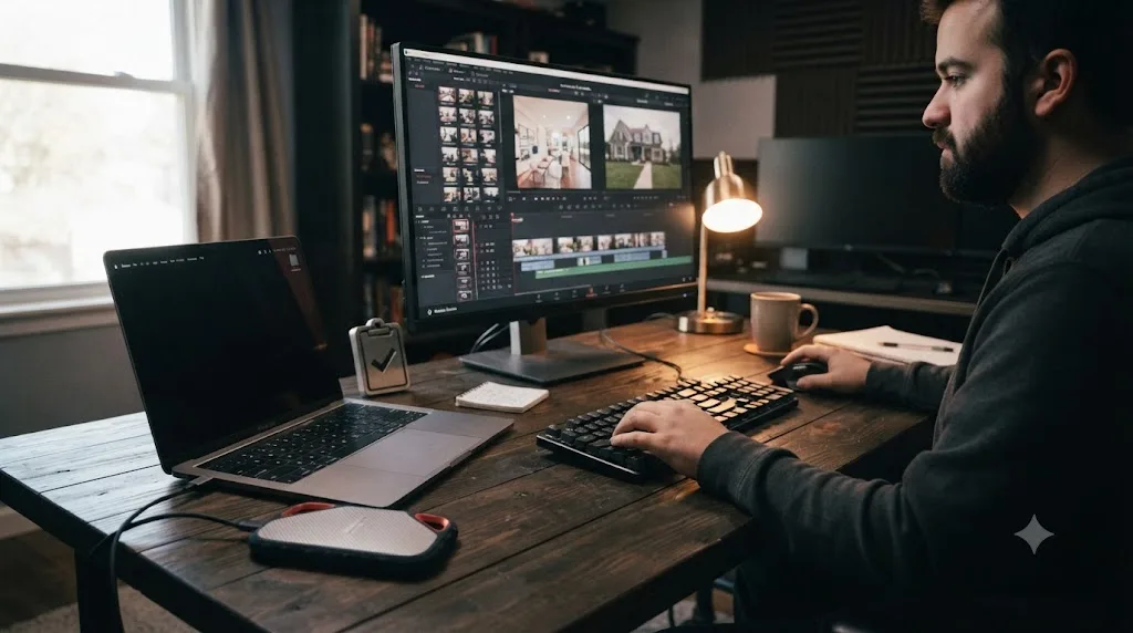 Illustration of a laptop connected to an external SSD with a backup checklist for real estate video footage