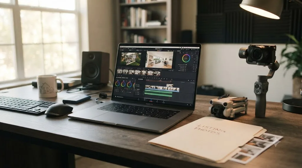 Illustration of a real estate video editor's desk with a laptop running DaVinci Resolve, a gimbal, and a drone beside a listing photo folder