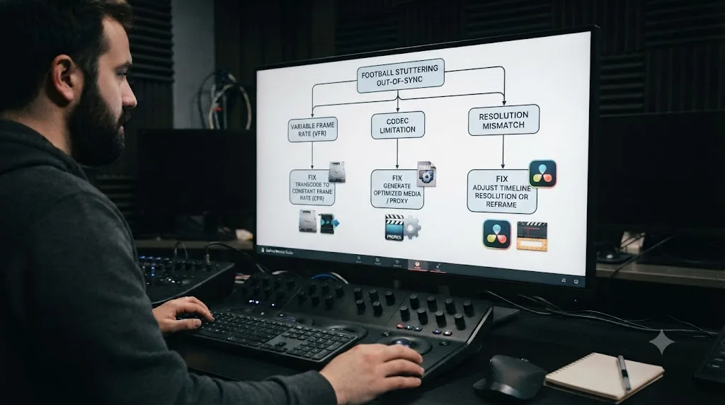 Illustration of a troubleshooting flowchart showing causes of stuttering or out-of-sync footage in DaVinci Resolve branching to their fixes
