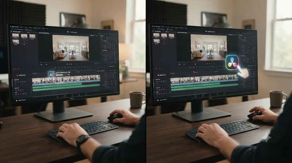 Illustration comparing an AI tool automatically trimming a timeline against an on-screen assistant pointing at a control while the editor stays in control