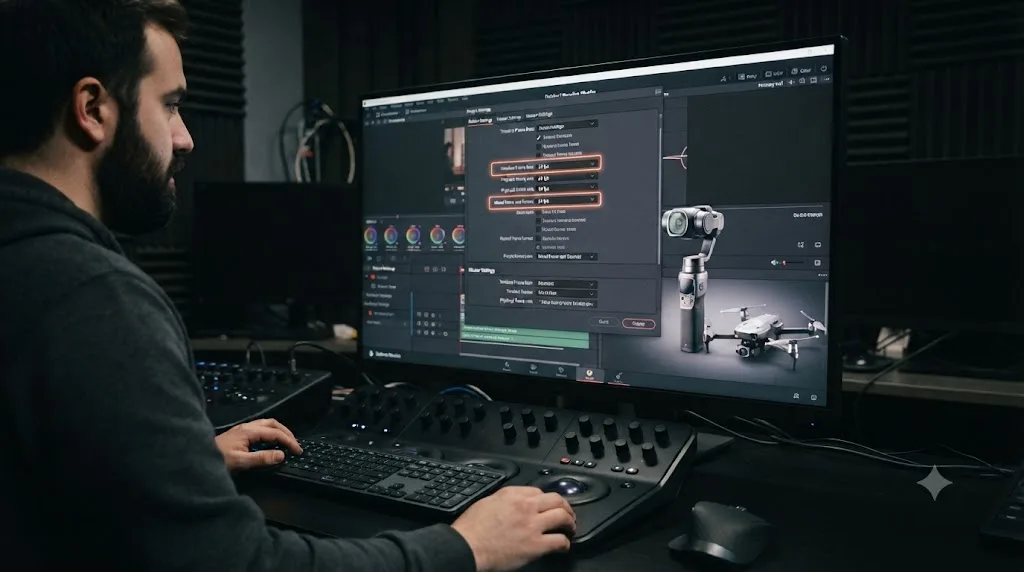 Illustration of the DaVinci Resolve Project Settings panel with frame rate settings highlighted next to gimbal and drone icons