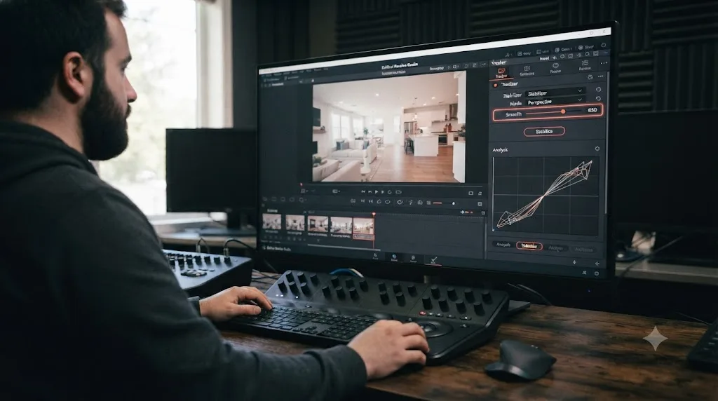 Illustration of the DaVinci Resolve Tracker palette showing the Stabilizer applied to a gimbal walkthrough clip