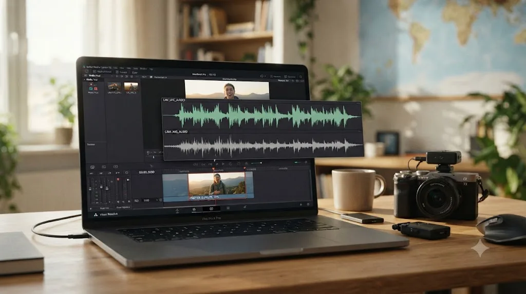 Illustration of two audio waveforms from a camera mic and a wireless lav mic aligning above a DaVinci Resolve timeline clip