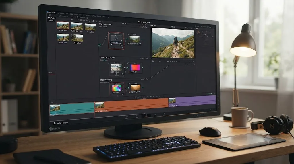 Illustration of the DaVinci Resolve Color page showing three Color Groups for phone, action camera, and drone footage each with a two-node tree