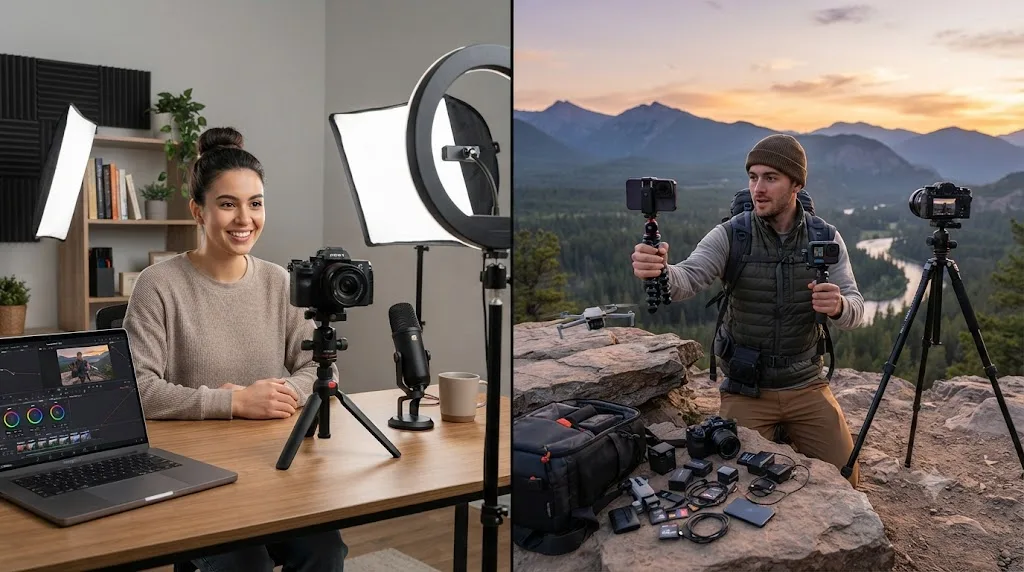 Illustration comparing a single-camera studio vlog setup against a multi-camera travel and vlog setup