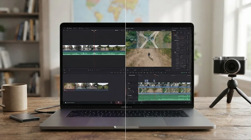 Illustration comparing the DaVinci Resolve Cut page reviewing travel footage against the Edit page's layered multi-track timeline